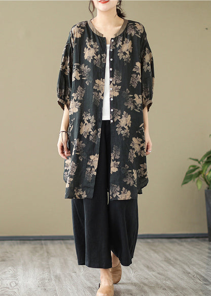 Fitted Black Oversized Print Linen Shirt Dress Lantern Sleeve LY4887 - fabuloryshop