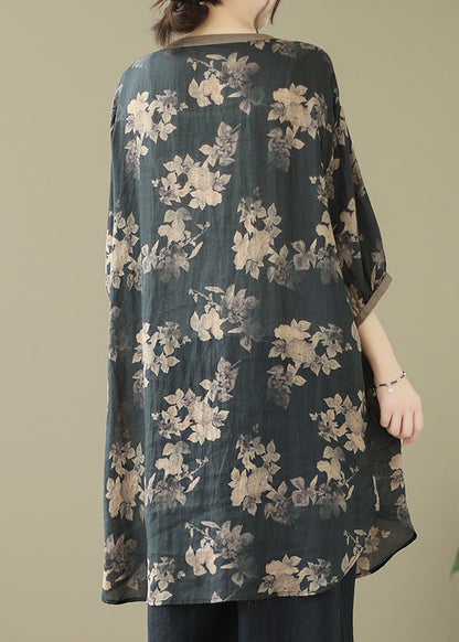 Fitted Black Oversized Print Linen Shirt Dress Lantern Sleeve LY4887 - fabuloryshop