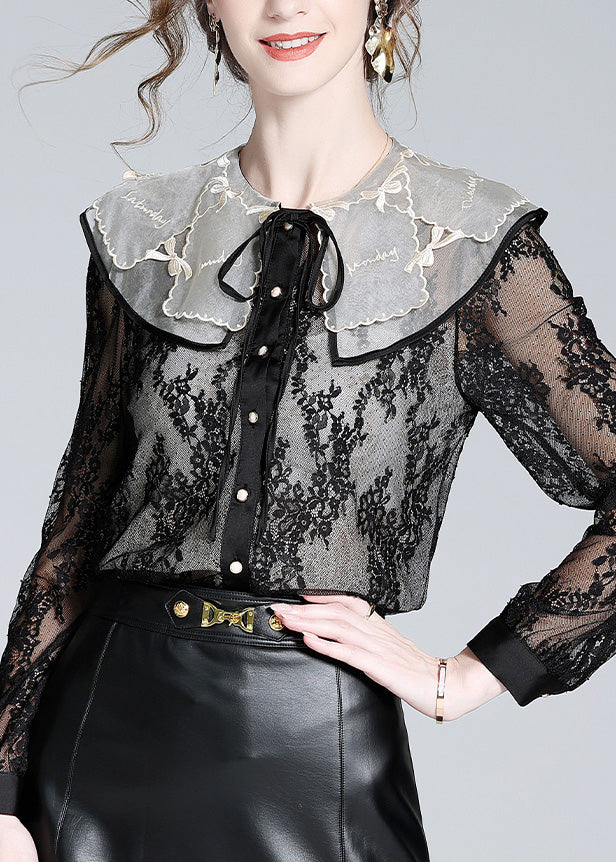 Fitted Black Peter Pan Collar Lace Patchwork Neck Tie Silk Tops Long Sleeve LY0714 - fabuloryshop