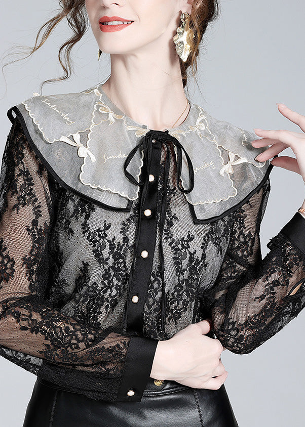 Fitted Black Peter Pan Collar Lace Patchwork Neck Tie Silk Tops Long Sleeve LY0714