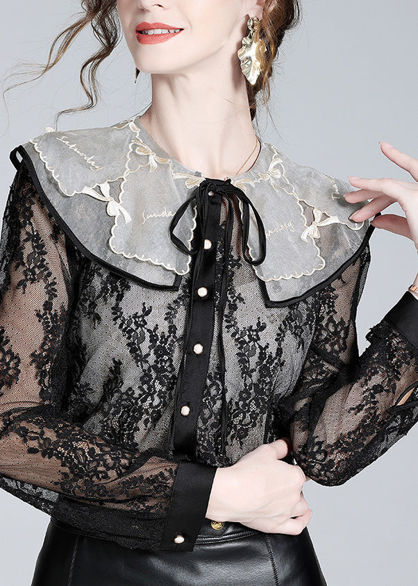 Fitted Black Peter Pan Collar Lace Patchwork Neck Tie Silk Tops Long Sleeve LY0714 - fabuloryshop