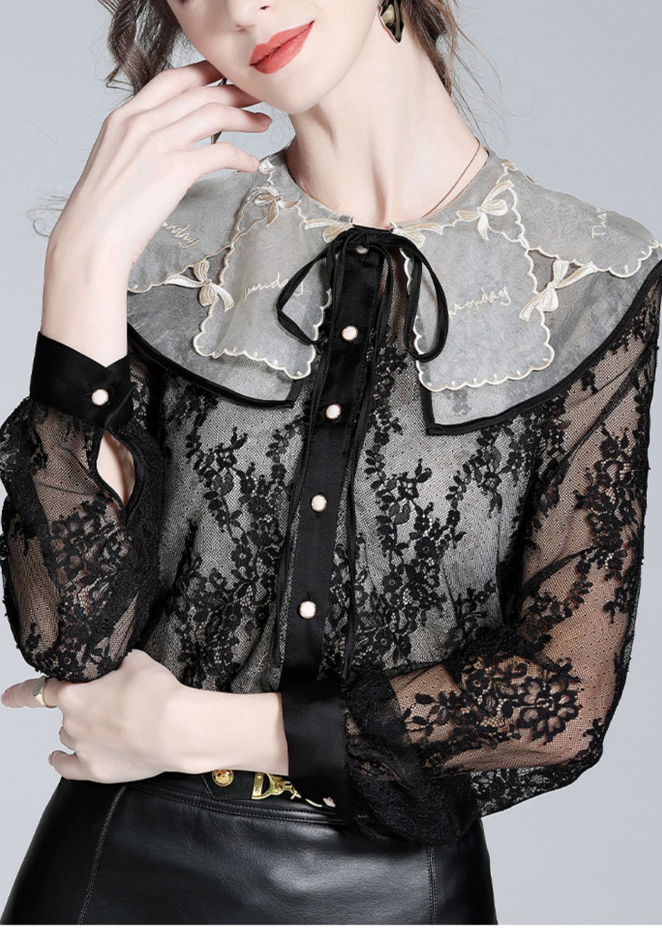 Fitted Black Peter Pan Collar Lace Patchwork Neck Tie Silk Tops Long Sleeve LY0714 - fabuloryshop