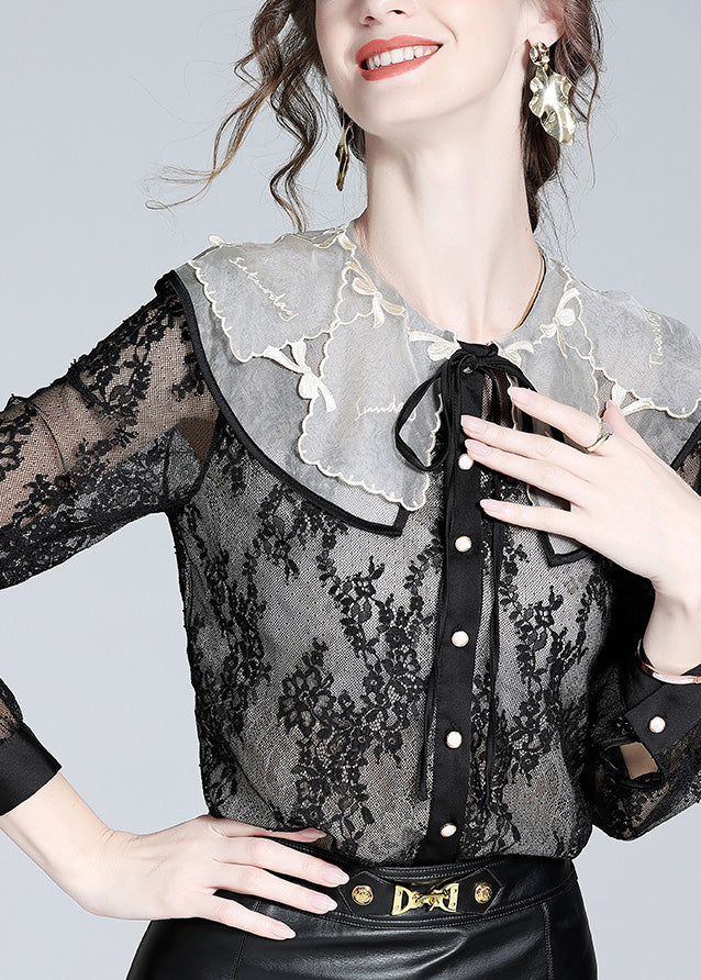 Fitted Black Peter Pan Collar Lace Patchwork Neck Tie Silk Tops Long Sleeve LY0714 - fabuloryshop