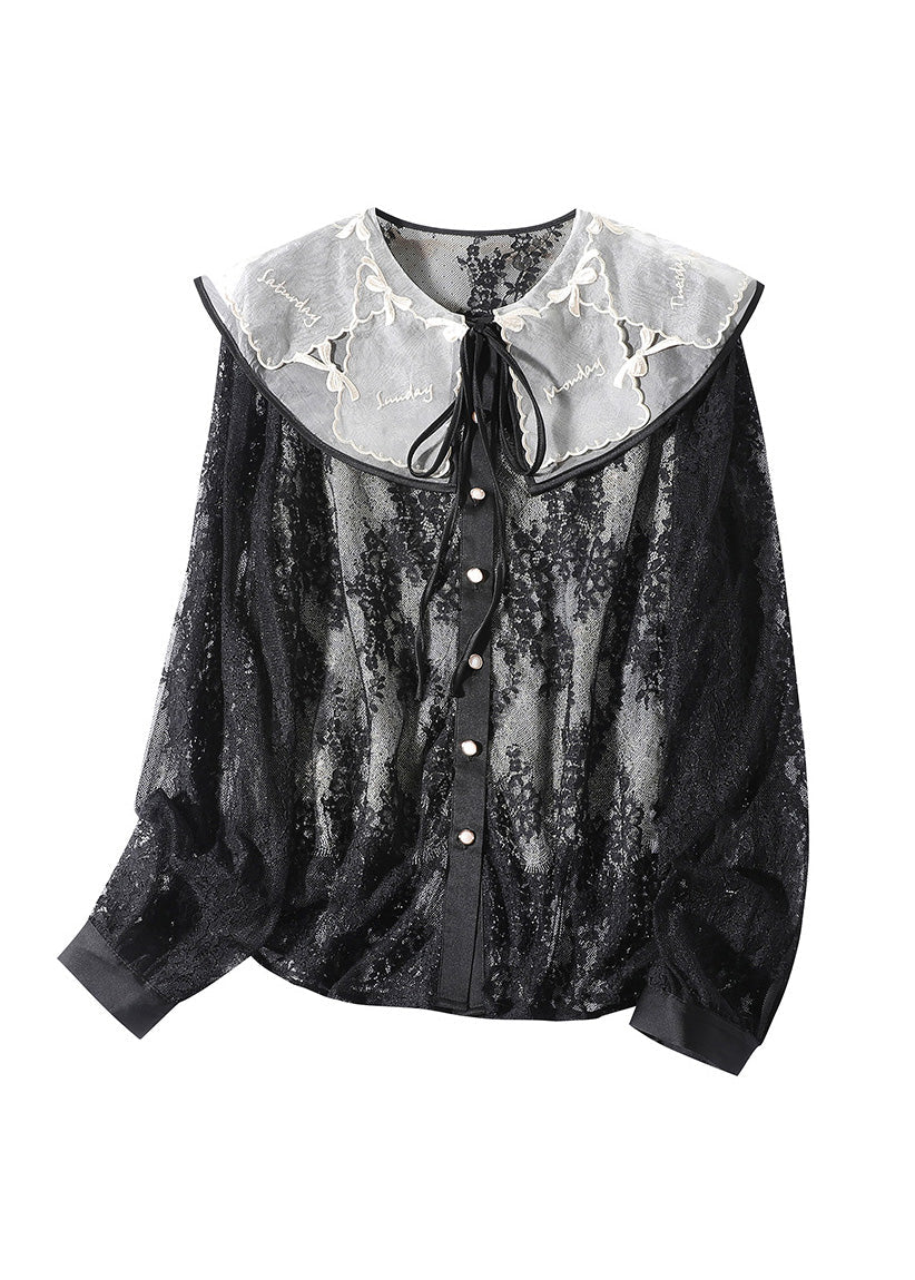 Fitted Black Peter Pan Collar Lace Patchwork Neck Tie Silk Tops Long Sleeve LY0714 - fabuloryshop