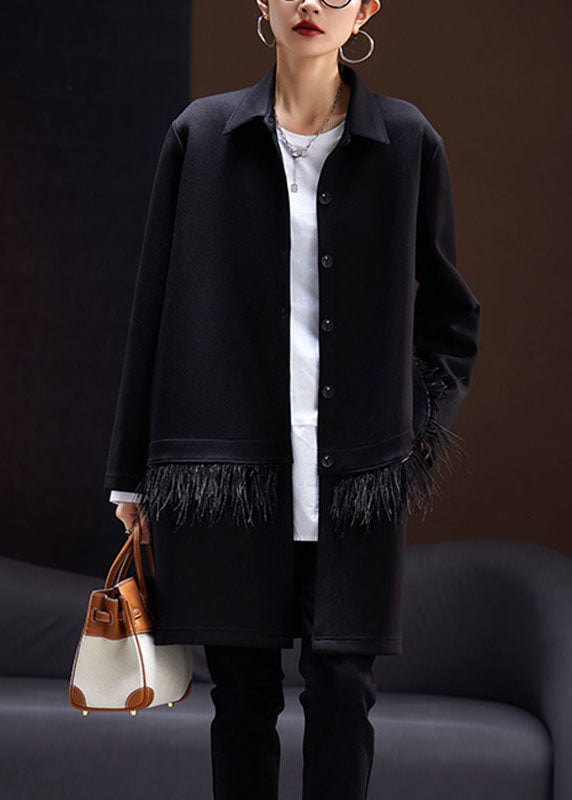 Fitted Black Peter Pan Collar Tassel Patchwork Coats Long Sleeve Ada Fashion