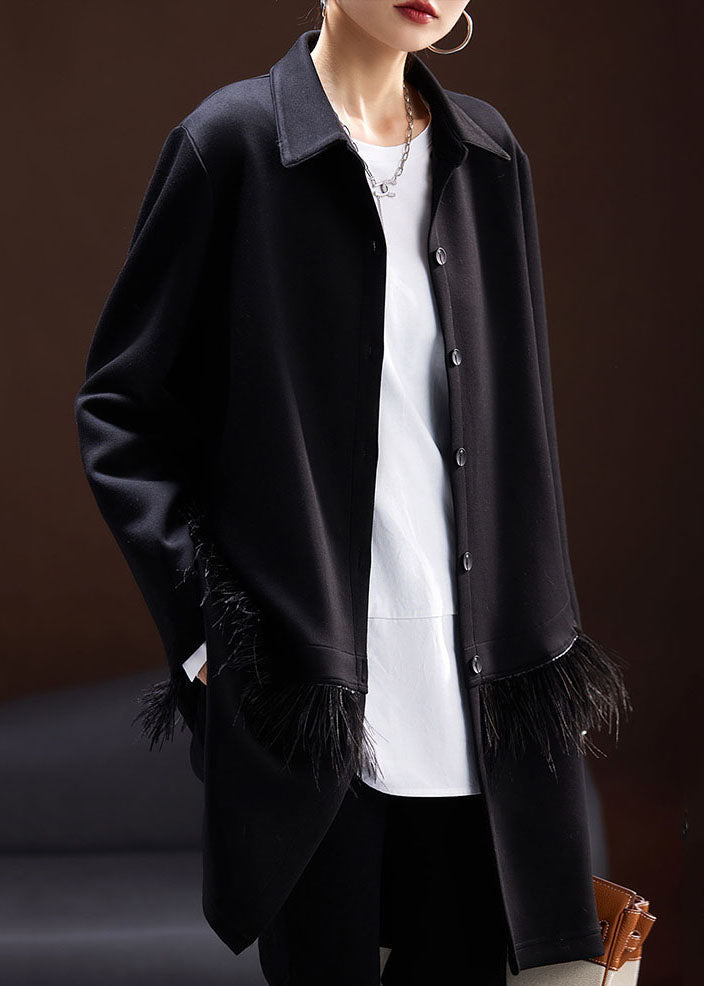 Fitted Black Peter Pan Collar Tassel Patchwork Coats Long Sleeve Ada Fashion