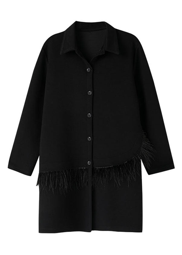 Fitted Black Peter Pan Collar Tassel Patchwork Coats Long Sleeve Ada Fashion