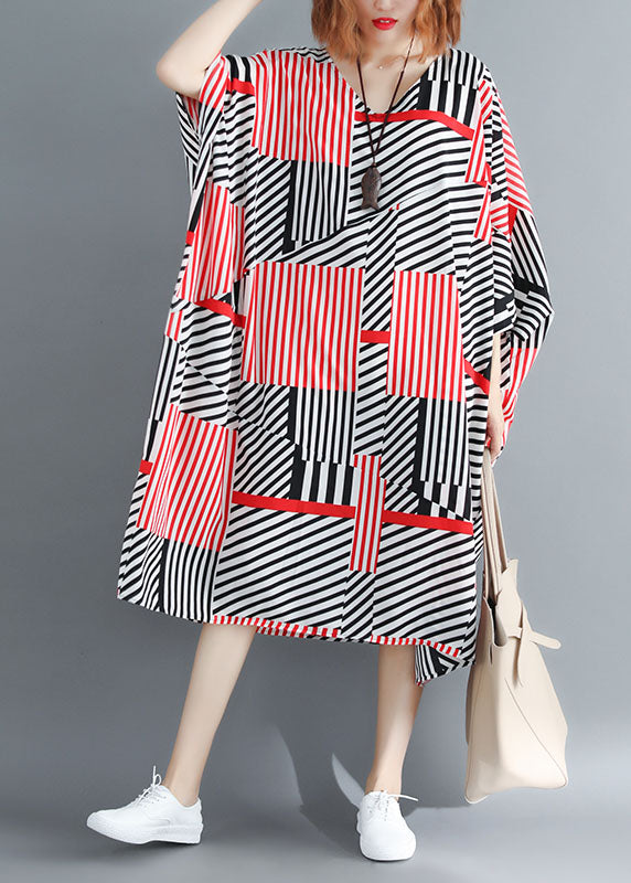 Fitted Black Red Striped Oversized Chiffon Maxi Dresses Batwing Sleeve LY1535 - fabuloryshop