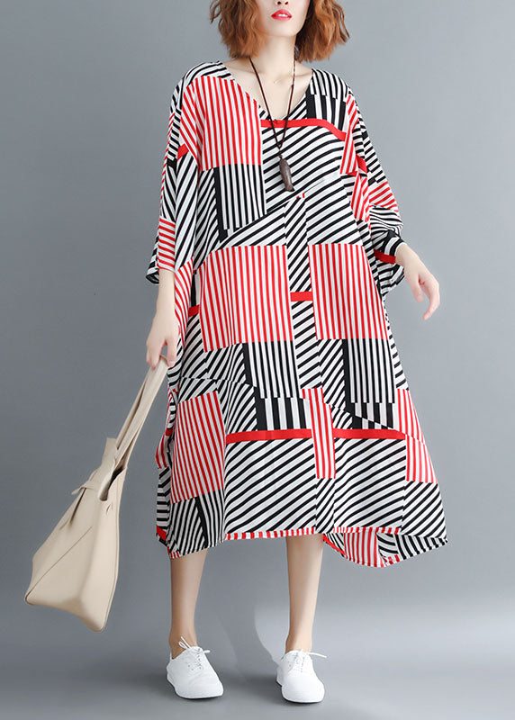 Fitted Black Red Striped Oversized Chiffon Maxi Dresses Batwing Sleeve LY1535 - fabuloryshop