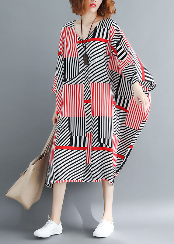 Fitted Black Red Striped Oversized Chiffon Maxi Dresses Batwing Sleeve LY1535 - fabuloryshop