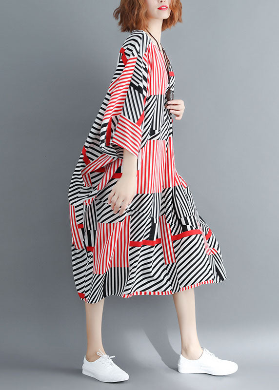 Fitted Black Red Striped Oversized Chiffon Maxi Dresses Batwing Sleeve LY1535 - fabuloryshop