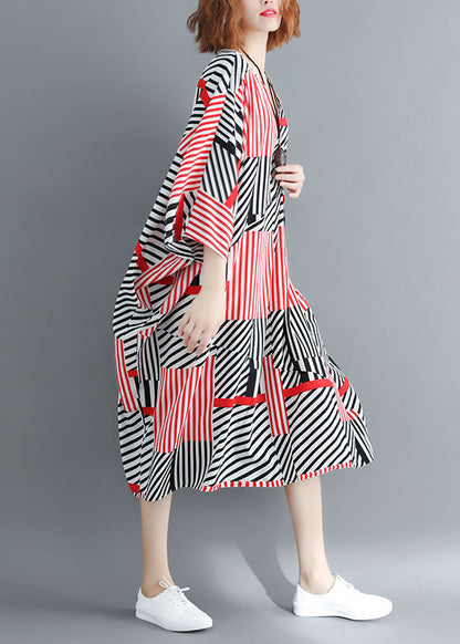 Fitted Black Red Striped Oversized Chiffon Maxi Dresses Batwing Sleeve LY1535 - fabuloryshop