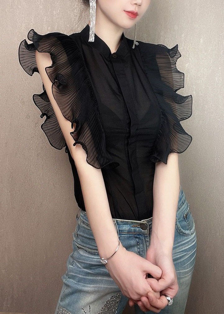 Fitted Black Ruffled Patchwork Chiffon Shirt Tops Summer LY3809 - fabuloryshop