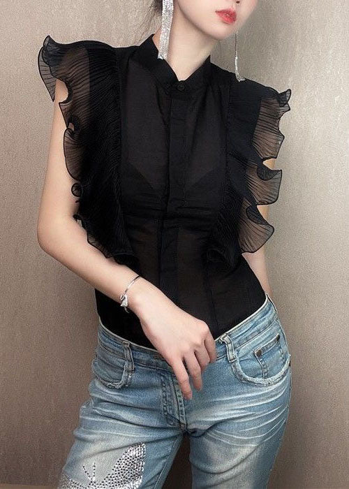 Fitted Black Ruffled Patchwork Chiffon Shirt Tops Summer LY3809 - fabuloryshop