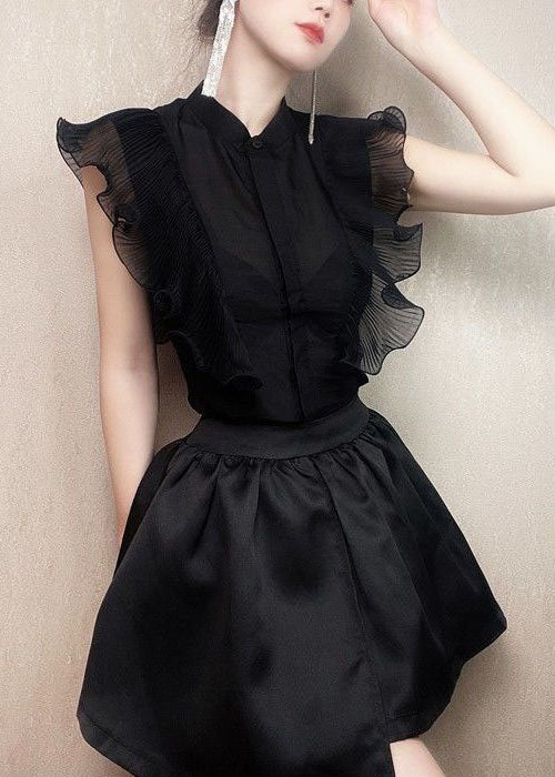 Fitted Black Ruffled Patchwork Chiffon Shirt Tops Summer LY3809 - fabuloryshop