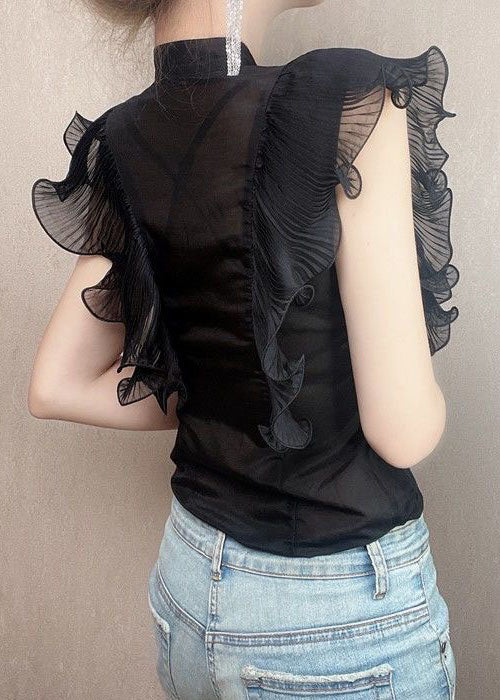 Fitted Black Ruffled Patchwork Chiffon Shirt Tops Summer LY3809 - fabuloryshop