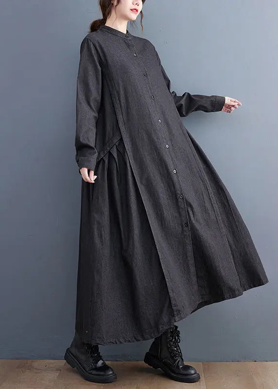 Fitted Black Stand Collar Exra Large Hem Denim A Line Dress Fall Ada Fashion