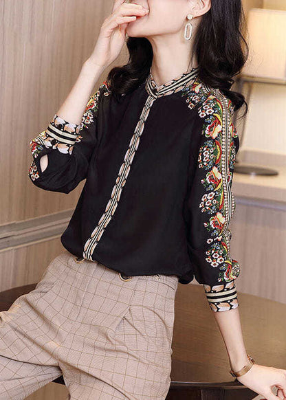 Fitted Black Stand Collar Patchwork Print Silk Shirt Spring LY0372 - fabuloryshop