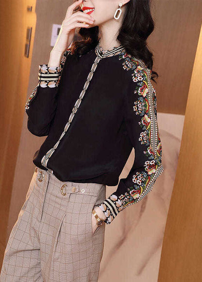 Fitted Black Stand Collar Patchwork Print Silk Shirt Spring LY0372 - fabuloryshop