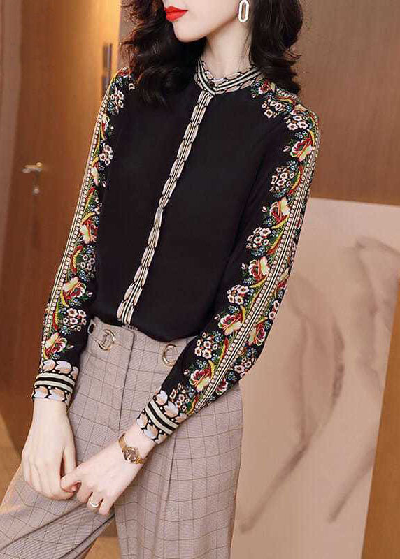 Fitted Black Stand Collar Patchwork Print Silk Shirt Spring LY0372 - fabuloryshop