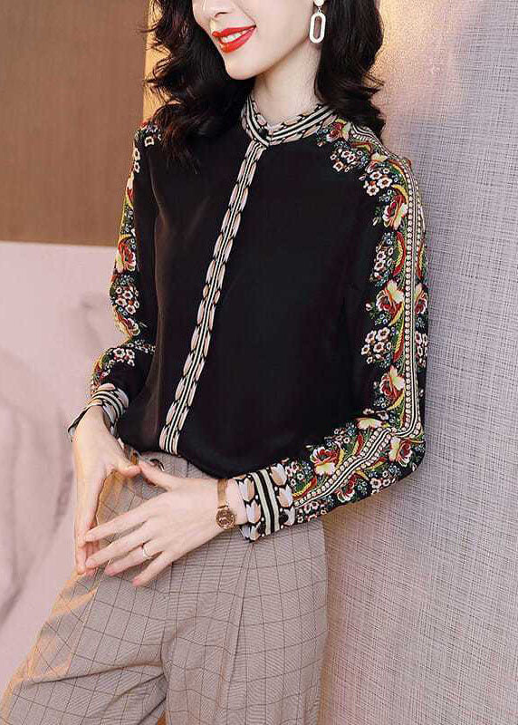 Fitted Black Stand Collar Patchwork Print Silk Shirt Spring LY0372