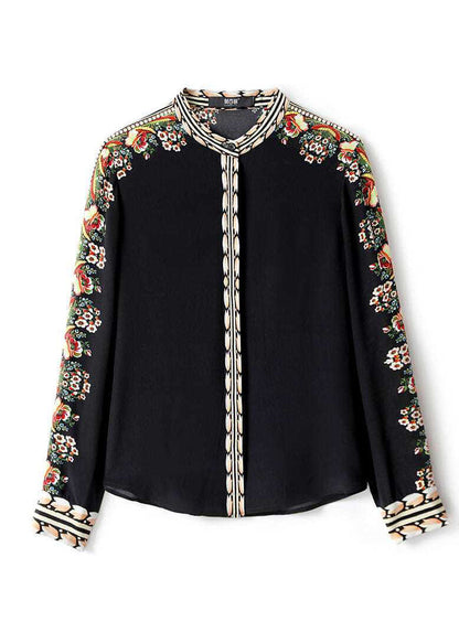 Fitted Black Stand Collar Patchwork Print Silk Shirt Spring LY0372 - fabuloryshop