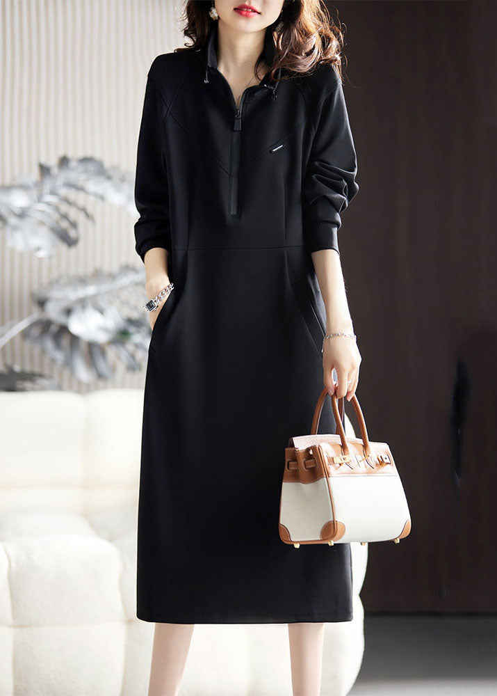 Fitted Black Stand Collar Zippered Patchwork Long Dress Fall Ada Fashion