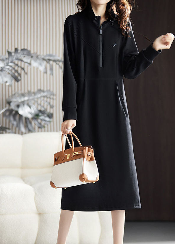 Fitted Black Stand Collar Zippered Patchwork Long Dress Fall Ada Fashion