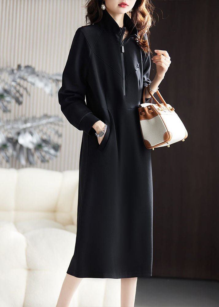 Fitted Black Stand Collar Zippered Patchwork Long Dress Fall Ada Fashion