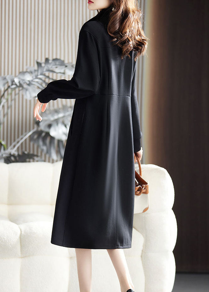 Fitted Black Stand Collar Zippered Patchwork Long Dress Fall Ada Fashion