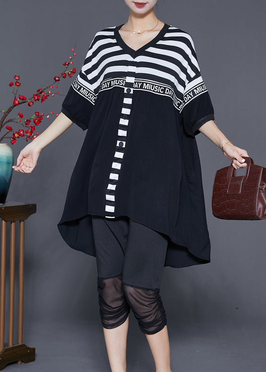 Fitted Black Striped Low High Design Cotton Two Pieces Set Summer Ada Fashion