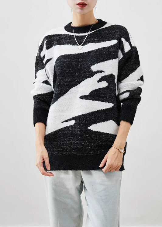 Fitted Black Thick Cow Print Knit Short Sweater Fall Ada Fashion