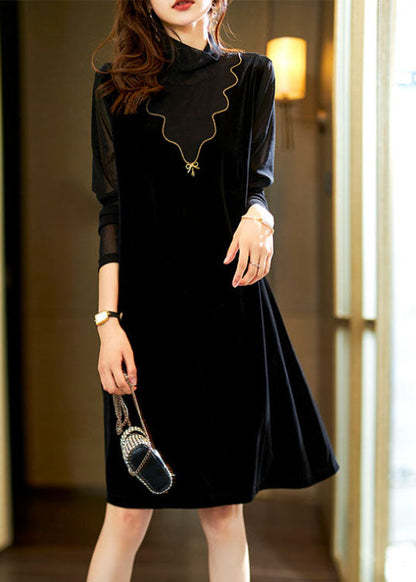 Fitted Black Turtleneck Fake Two Pieces Patchwork Silk Velour Mid Dress Long Sleeve Ada Fashion