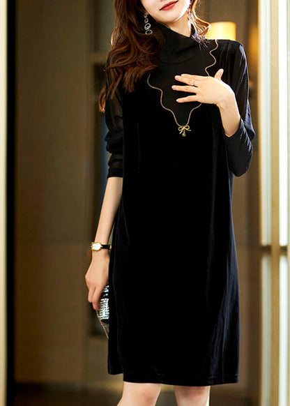 Fitted Black Turtleneck Fake Two Pieces Patchwork Silk Velour Mid Dress Long Sleeve Ada Fashion