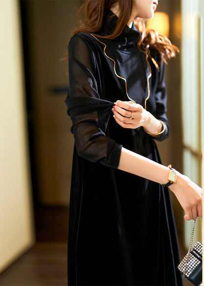 Fitted Black Turtleneck Fake Two Pieces Patchwork Silk Velour Mid Dress Long Sleeve Ada Fashion