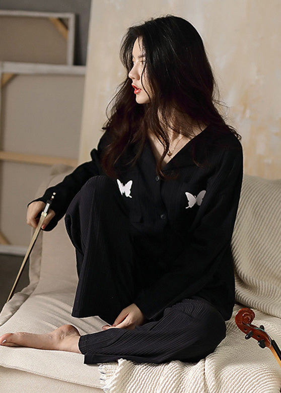 Fitted Black V Neck Butterfly Embroideried Cotton Pajamas Two Pieces Set Long Sleeve TO1019