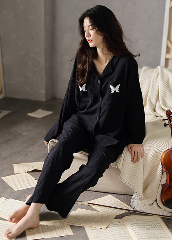 Fitted Black V Neck Butterfly Embroideried Cotton Pajamas Two Pieces Set Long Sleeve TO1019