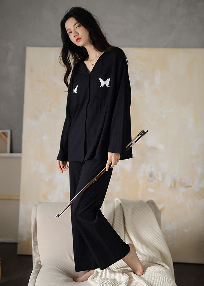 Fitted Black V Neck Butterfly Embroideried Cotton Pajamas Two Pieces Set Long Sleeve TO1019 - fabuloryshop