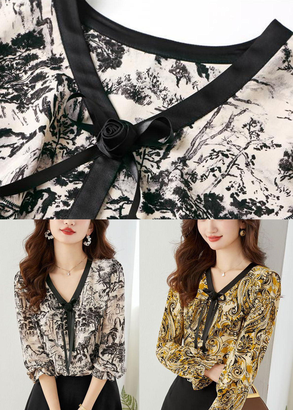 Fitted Black V Neck Tie Dye Chiffon Shirt Tops Lantern Sleeve LY0038 - fabuloryshop