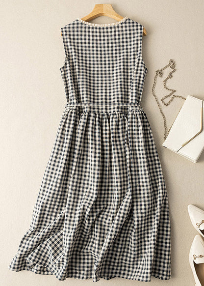 Fitted Black White Plaid O-Neck Patchwork Tie Waist Maxi Dress Summer LY4445 - fabuloryshop