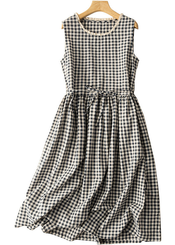 Fitted Black White Plaid O-Neck Patchwork Tie Waist Maxi Dress Summer LY4445 - fabuloryshop