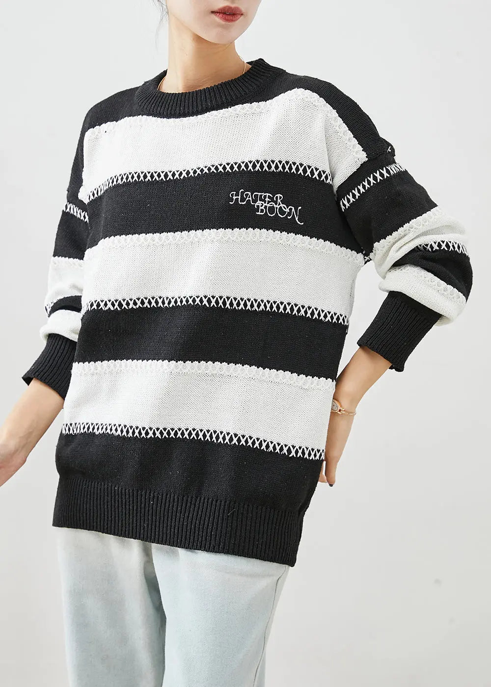 Fitted Black White Striped Letter Embroideried Knitted Tops Winter Ada Fashion