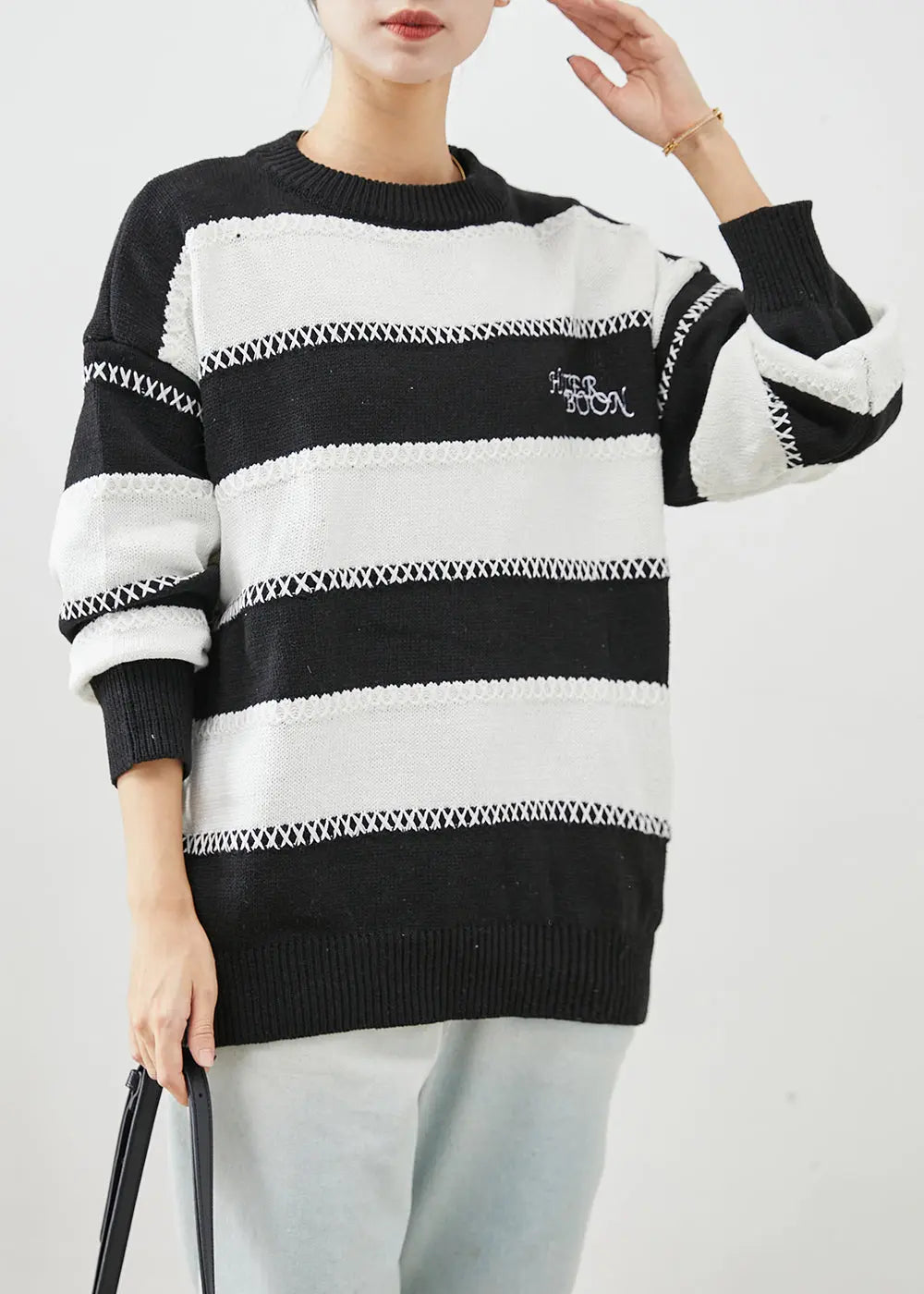 Fitted Black White Striped Letter Embroideried Knitted Tops Winter Ada Fashion