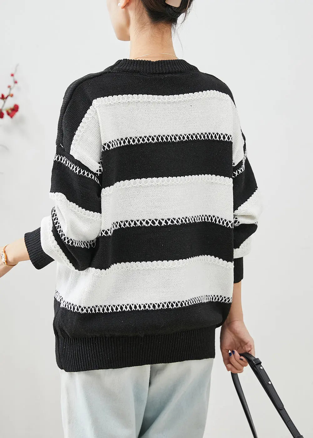 Fitted Black White Striped Letter Embroideried Knitted Tops Winter Ada Fashion