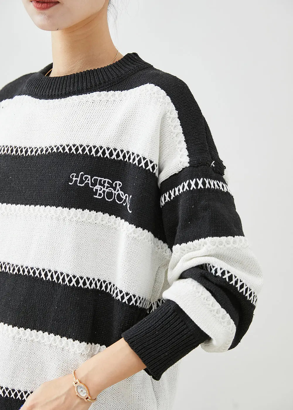 Fitted Black White Striped Letter Embroideried Knitted Tops Winter Ada Fashion