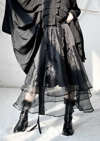 Fitted Black Wrinkled Elastic Waist Layered Tulle Maxi Skirts Ada Fashion