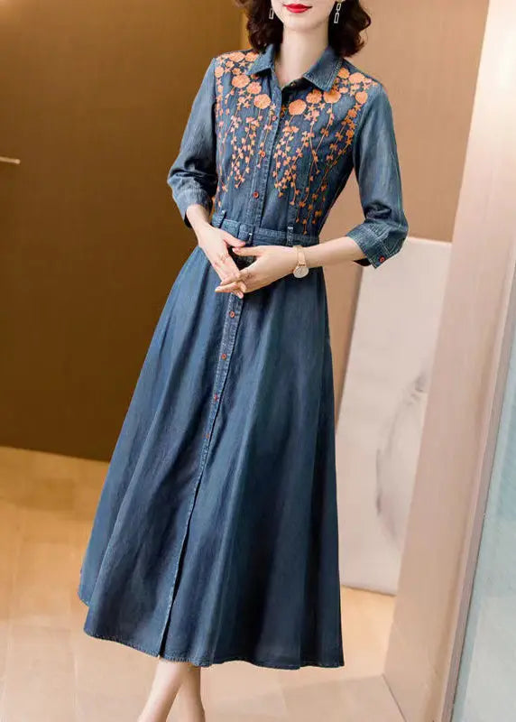 Fitted Blue Embroideried Tie Waist Patchwork Denim Dress Bracelet Sleeve Ada Fashion