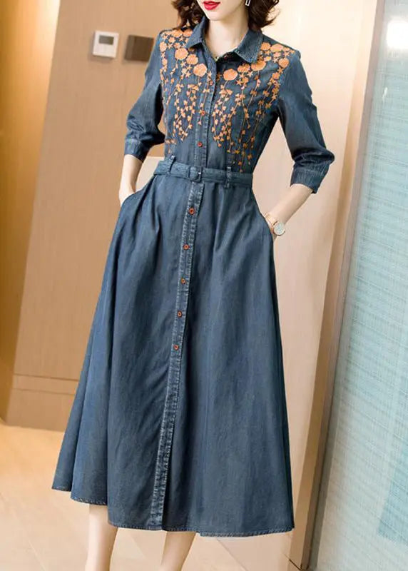 Fitted Blue Embroideried Tie Waist Patchwork Denim Dress Bracelet Sleeve Ada Fashion