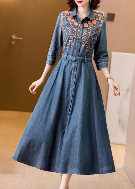 Fitted Blue Embroideried Tie Waist Patchwork Denim Dress Bracelet Sleeve Ada Fashion