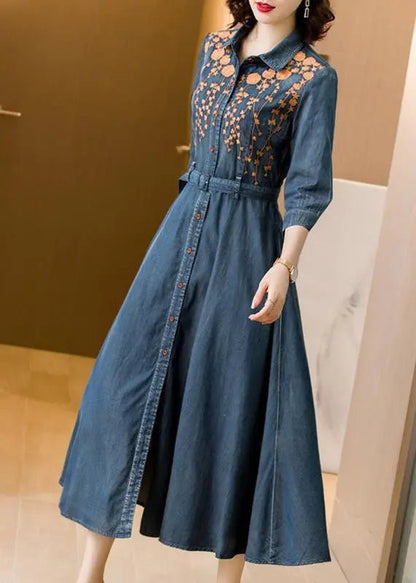 Fitted Blue Embroideried Tie Waist Patchwork Denim Dress Bracelet Sleeve Ada Fashion